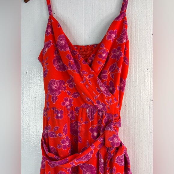 Eliza J 12 Summer HOT Ruffle Midi Orange Red and Purple Aloha Floral Midi Dress - Picture 4 of 9